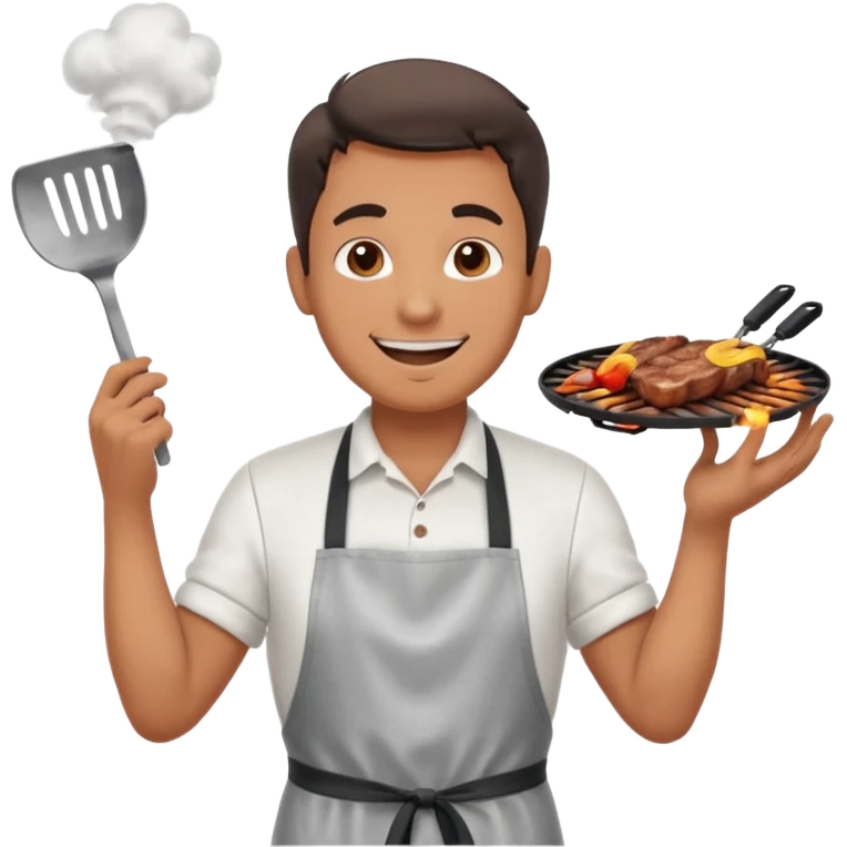 A cheerful man in an apron flipping meat on a sizzling grill with smoke puffing upward. emoji