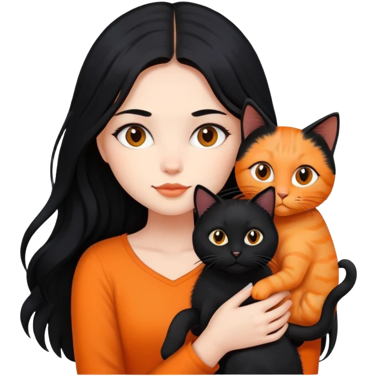 A girl with long black hair is holding a black cat, an orange cat, and a black cat emoji