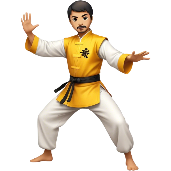 Cinematic Realistic Kung Fu Action Emoji, depicted as an epic martial arts scene with a master executing a precise move in traditional attire, rendered with fluid motion and vibrant textures under dramatic high-contrast lighting. emoji