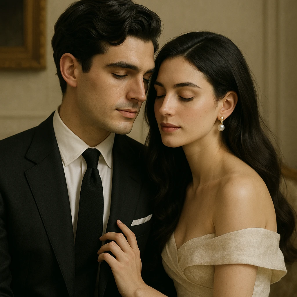 romantic black-haired couple, old money aesthetic, sophisticated and gentle pose emoji