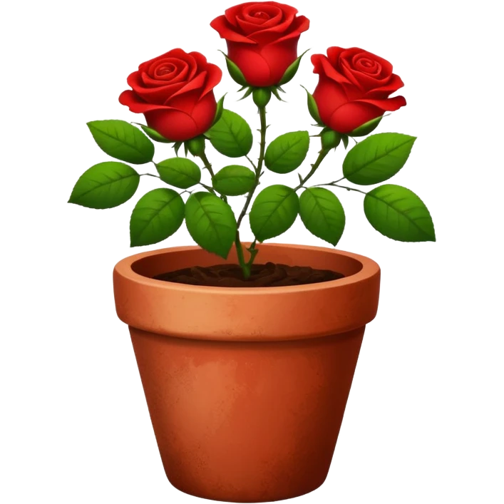 flower pot with red rose flowers with green leaves also in it emoji