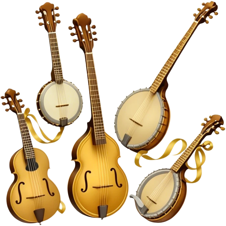 Create a grand, heraldic-style emoji collage representing plucked string instruments. The design should resemble a majestic emblem, featuring a collection of iconic instruments such as a banjo, mandolin, domra, sitar, and other plucked string instruments. Arrange the instruments symmetrically, with their necks and strings intertwining gracefully like a coat of arms. A flowing ribbon of musical notes should elegantly weave through the instruments, creating a sense of harmony and movement. The emblem should have a luxurious, golden and bronze color palette with intricate decorative elements, adding depth and a professional touch. Subtle lighting effects should highlight the polished wood and metal strings of the instruments. The background should be transparent, making the design adaptable for various uses emoji
