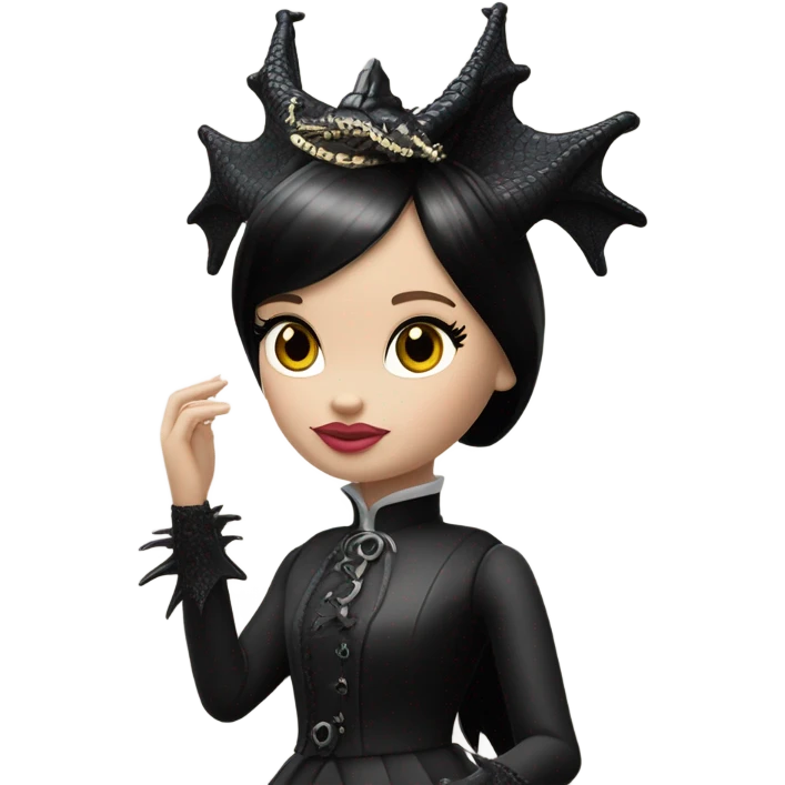 Victorian evening dressed, Wednesday Addams Barbie Jedi wearing a mini tiara, riding on the back of a very large black shiny evil-looking fire-spewing horned dragon emoji
