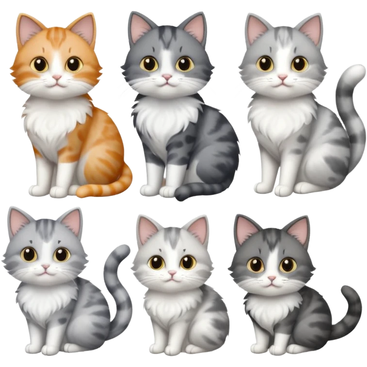6 realistic looking cats with different natural coloured coats, assorted grey and white, greys, calicos etc
 emoji