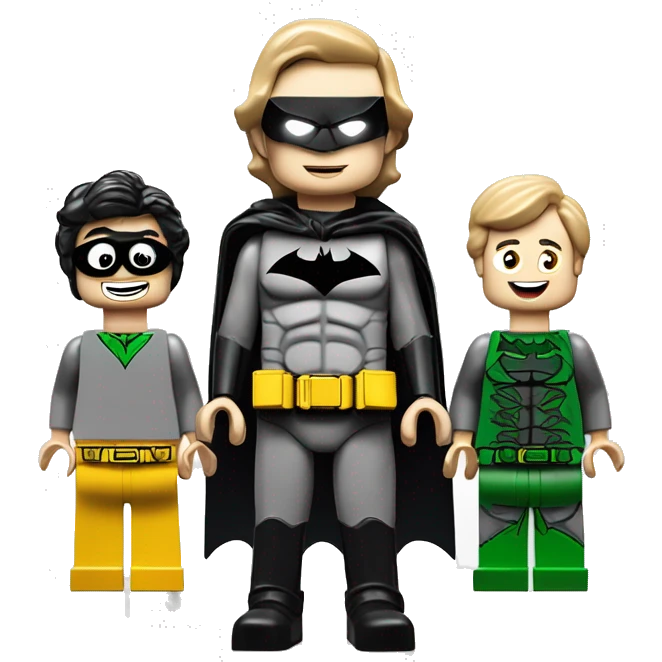 batman boy boy 3 lego-like figures in a family portrait style image on a plain white background>

A man in a batman costume stands in the back, with 2 young  boys in plain clothes in front of him. emoji
