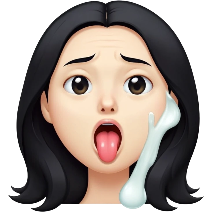 surprised and disgusted face with long black hair, goopy white liquid on cheeks, lips, and tongue, tongue sticking out, eyes shut, expressive face emoji