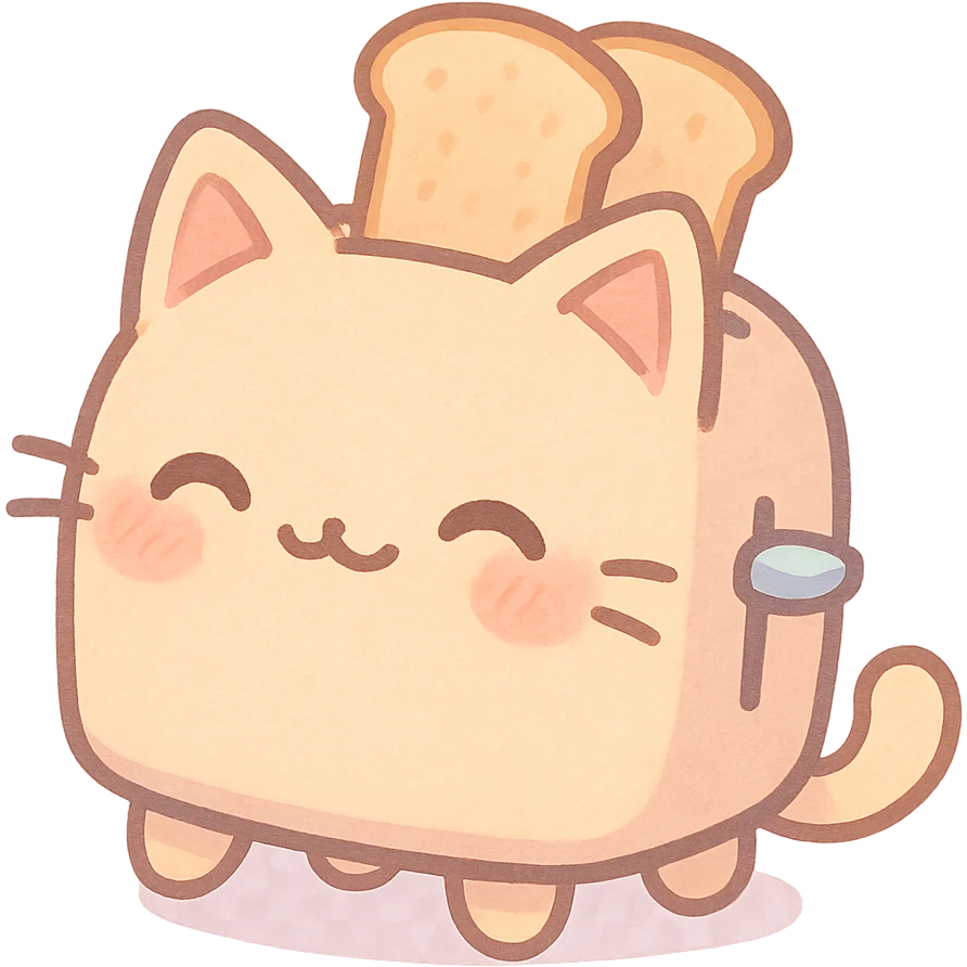 chibi cat-toaster hybrid, two toast slices popping out, sweet smile, soft pastel palette, full-body emoji
