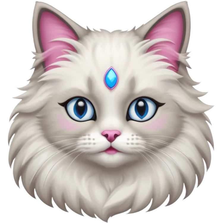 Neva masquerade cat, very fluffy, gray and white, blue eyes and pink nose emoji