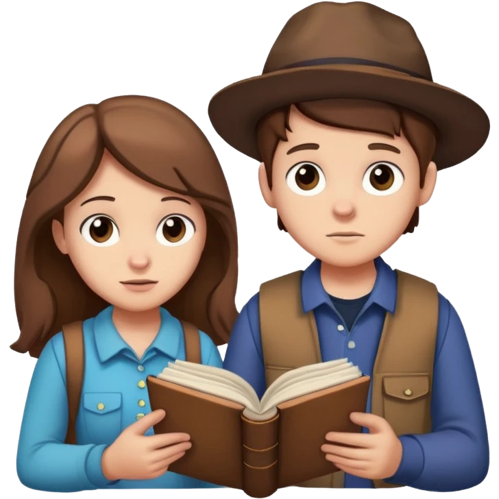 Dipper and Mabel Pines with a mystery journal, Gravity Falls, cartoon style emoji