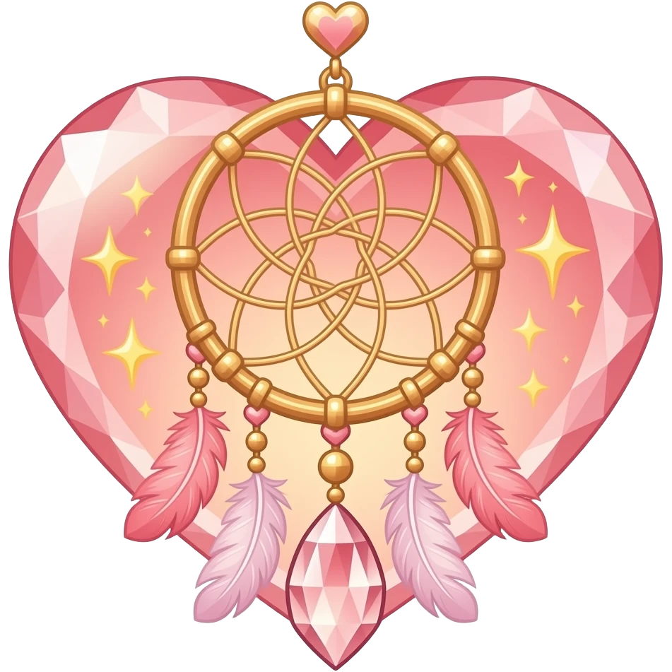 Reddish-pinkish and golden warm-colored romantic lush beautiful pretty hanging crystal-catcher aesthetic with hearts and sparkles and feathers emoji