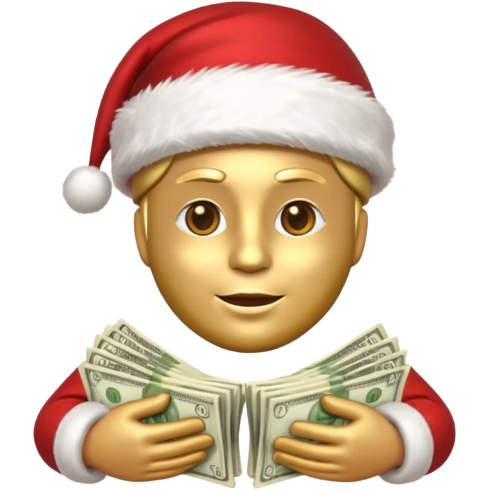 A confident rich emoji face wearing a Santa hat, money stacks, casino vibe, New Year theme, premium 3D emoji style, sharp details, no text, isolated on transparent background emoji