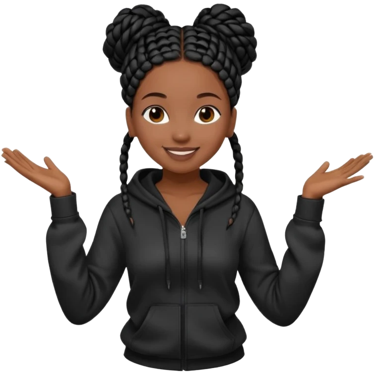 African American girl dark skin complextion long black box braids wrapped in a bunwearing plain black hoodie dancing emoji