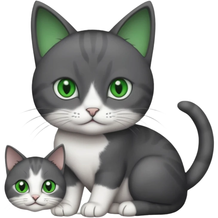 2 different coloured small cats including a dark grey and white and a completely solid dark grey with green eyes and only white paws emoji