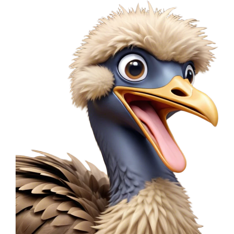 Cinematic Cute Yawning Emu Portrait Emoji, Head tilted slightly with a dramatic, wide-open yawn, showcasing a soft, downy brown plumage with gently drooping feathers and eyes barely open in drowsy contentment, Simplified yet irresistibly adorable features, highly detailed, glowing with a soft, cozy glow, high shine, relaxed yet expressive, stylized with a touch of outback charm, bright and endearing, soft glowing outline, capturing the essence of a sleepy yet affectionate emu, so drowsy it feels like it could stretch out of the screen and curl up for a nap! emoji