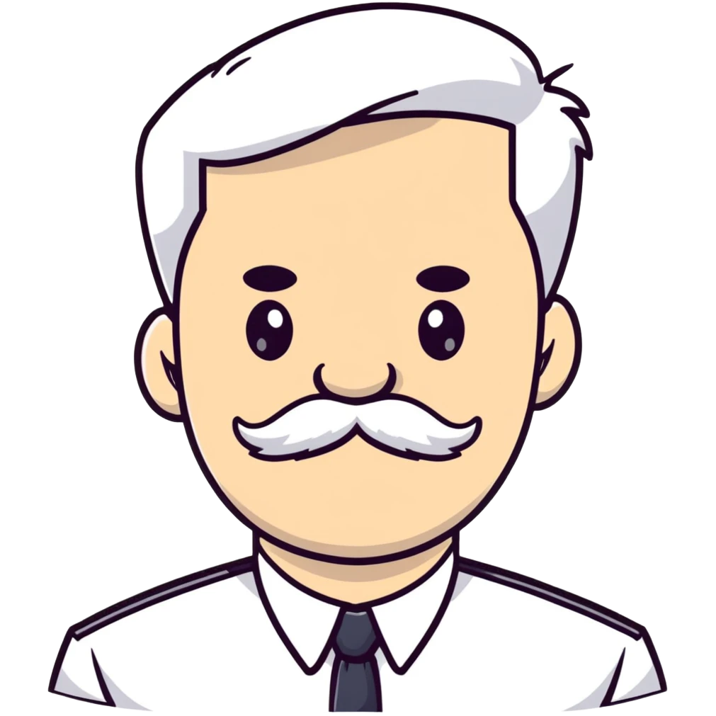 male character with oval-shaped flat-top head, bushy white mustache, wearing a white shirt with three white buttons emoji
