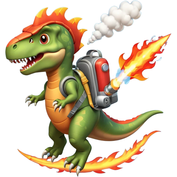rocket-propelled dinosaur character, cute T-rex, rocket pack on its back, flames and smoke trail, dynamic flying pose, 3D cartoon, mobile game icon style, clean background, no text, no watermark
 emoji