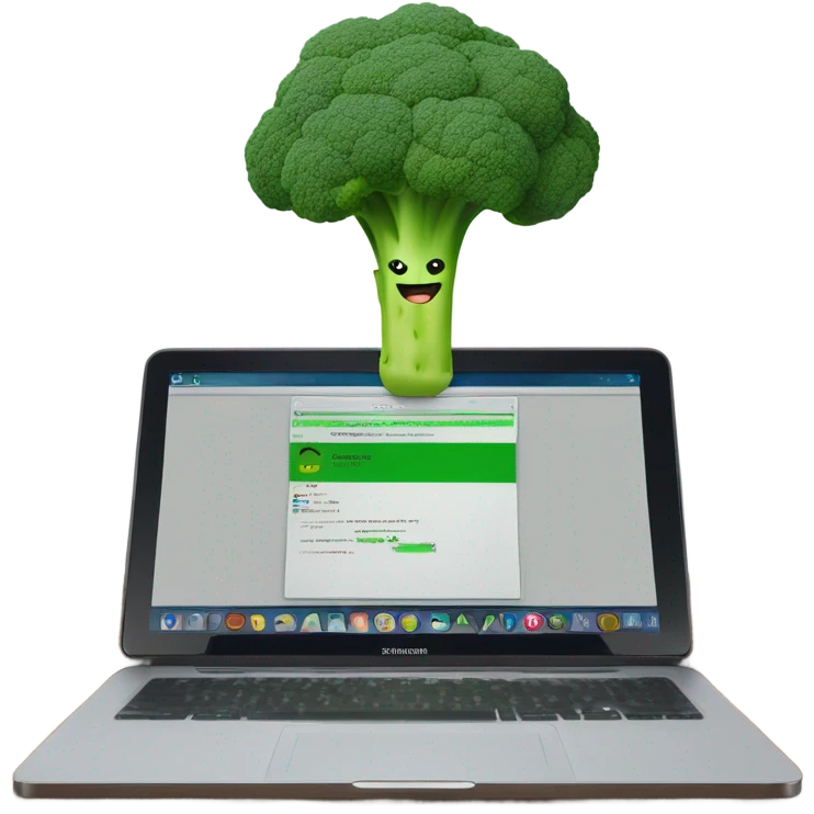 Generate a creative broccoli emoji sitting in front of a computer with a stylus, designing something on a screen. emoji