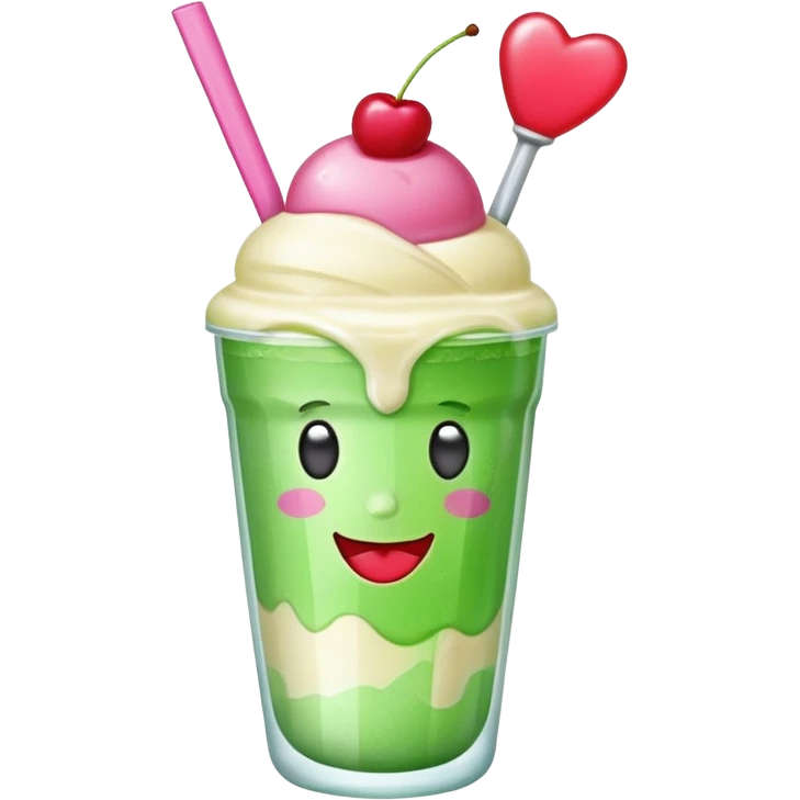Cute emoji-style illustration of a green soda float with ice, vanilla ice cream scoop, two red cherries, pink heart-shaped straw, simple shapes, bright colors, glossy, kawaii style, centered, transparent background
 emoji