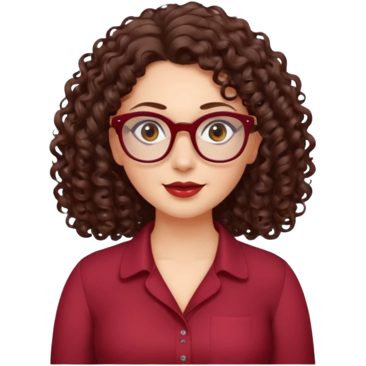 brunette , curly long hair , gray eyes , dark red glasses , curvy emoji