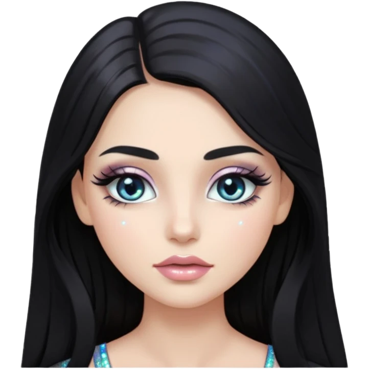 douyin long black hair silver grey eyes glossy lips glittery iridescent white eyeshadow girl emoji