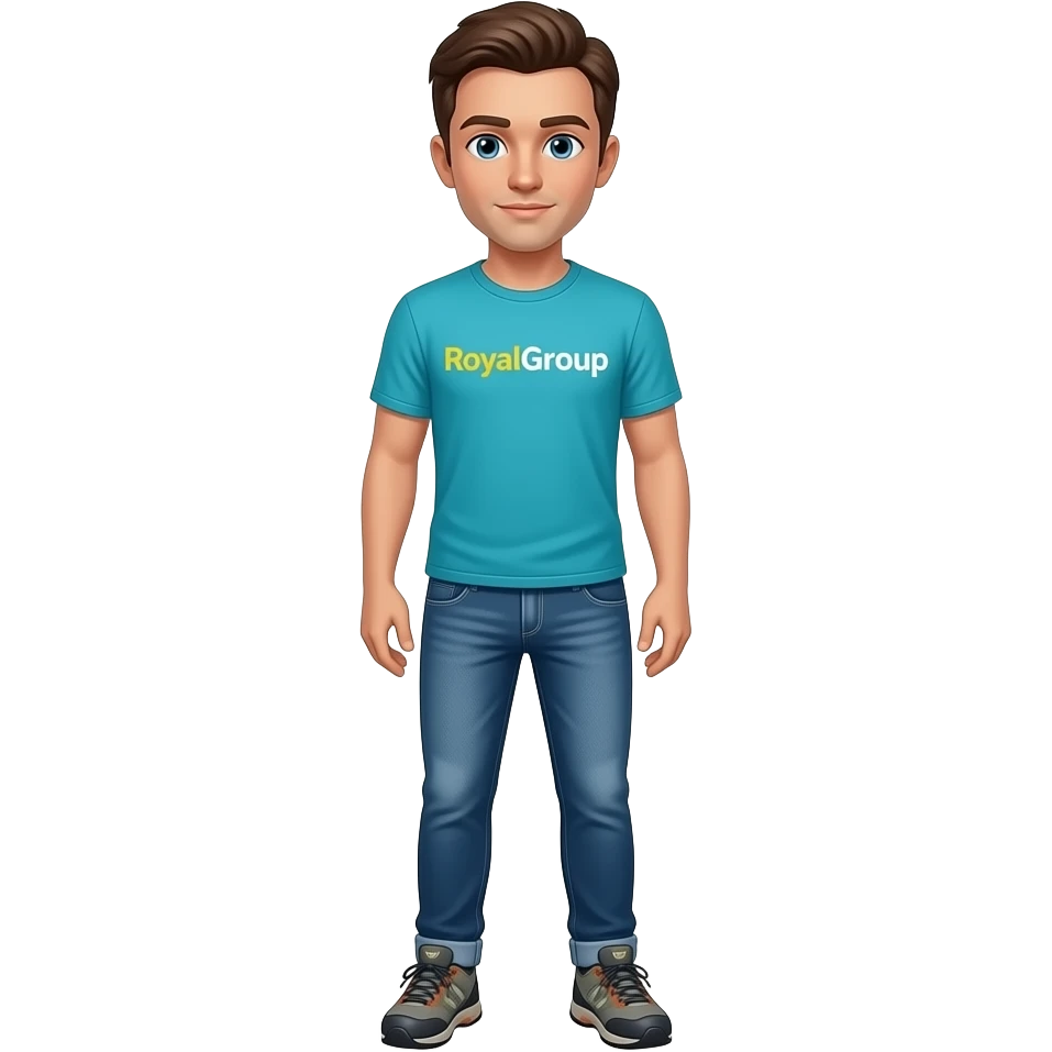 man, light to medium tone skin, short brown hair, blue eyes, aqua-blue t-shirt with letters-only logo "RoyalGroup" connected words - 'Royal' in goldenrod yellow and 'Group' in white, jeans, hiking sneakers emoji