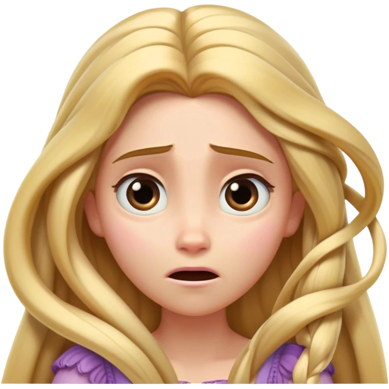 Cinematic Funny Rapunzel Portrait Emoji, Looking exhausted while tangled in her own hair, a dramatic sigh, eyes rolling with humorous exasperation, a hilariously relatable moment for the long-haired princess! emoji