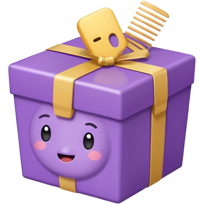 Kawaii emoji illustration of a purple gift box with a comb inside, chubby proportions, glossy finish, pastel colors, soft shading, adorable style, simple and clean design, transparent background emoji