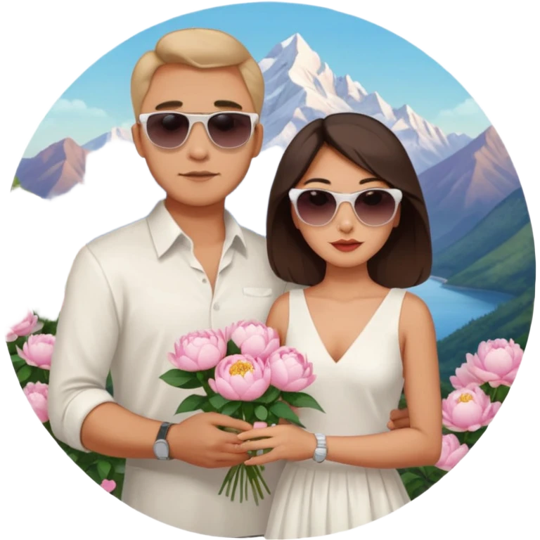 Couple traveling in Montenegro russian man and elegant  Latina girl delicate peonies and mountains in the background  emoji
