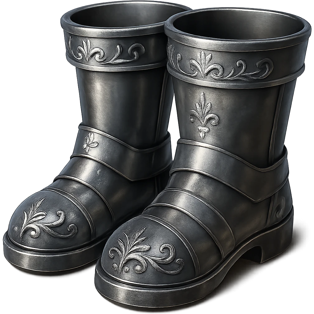 Recolor these iron boots to realistic metallic steel with crisp, shiny, and slightly fancier iron engravings. Keep the look detailed and realistic in a style inspired by emoji style. Transparent background. emoji