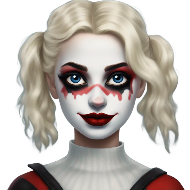 Dalahäst in Harley Quinn style, oil paint, mysterious eyes, intricate lips, masterpiece portrait, odd perspective, beautiful, desirable, logical emoji