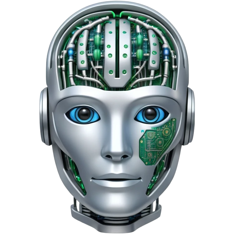 An icon featuring a humanoid robot head, neural network connections, and binary code, symbolizing artificial intelligence. The design includes a brain with circuits and machine learning algorithms, representing the study and development of intelligent systems. Transparent background  emoji