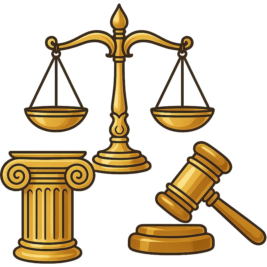 Vector illustration of a classic symbol of law (e.g. scales of justice, gavel, courthouse column), designed with elegant and refined lines. Include intricate golden detailing, soft gradients for a polished metallic look, and realistic shadows and highlights for depth. Style should be clean and professional, with a modern yet timeless feel. Transparent background emoji
