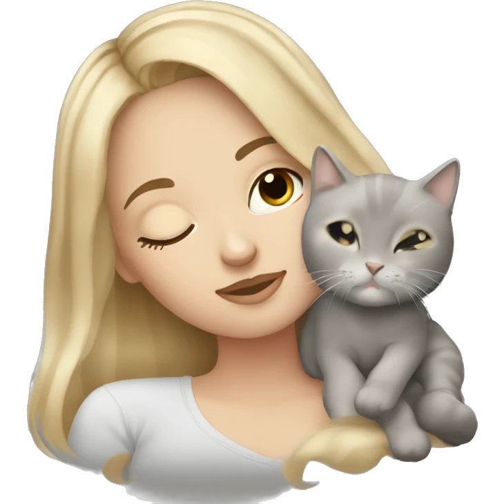 White girl dirty blonde hair sleeping with grey and white kitty emoji