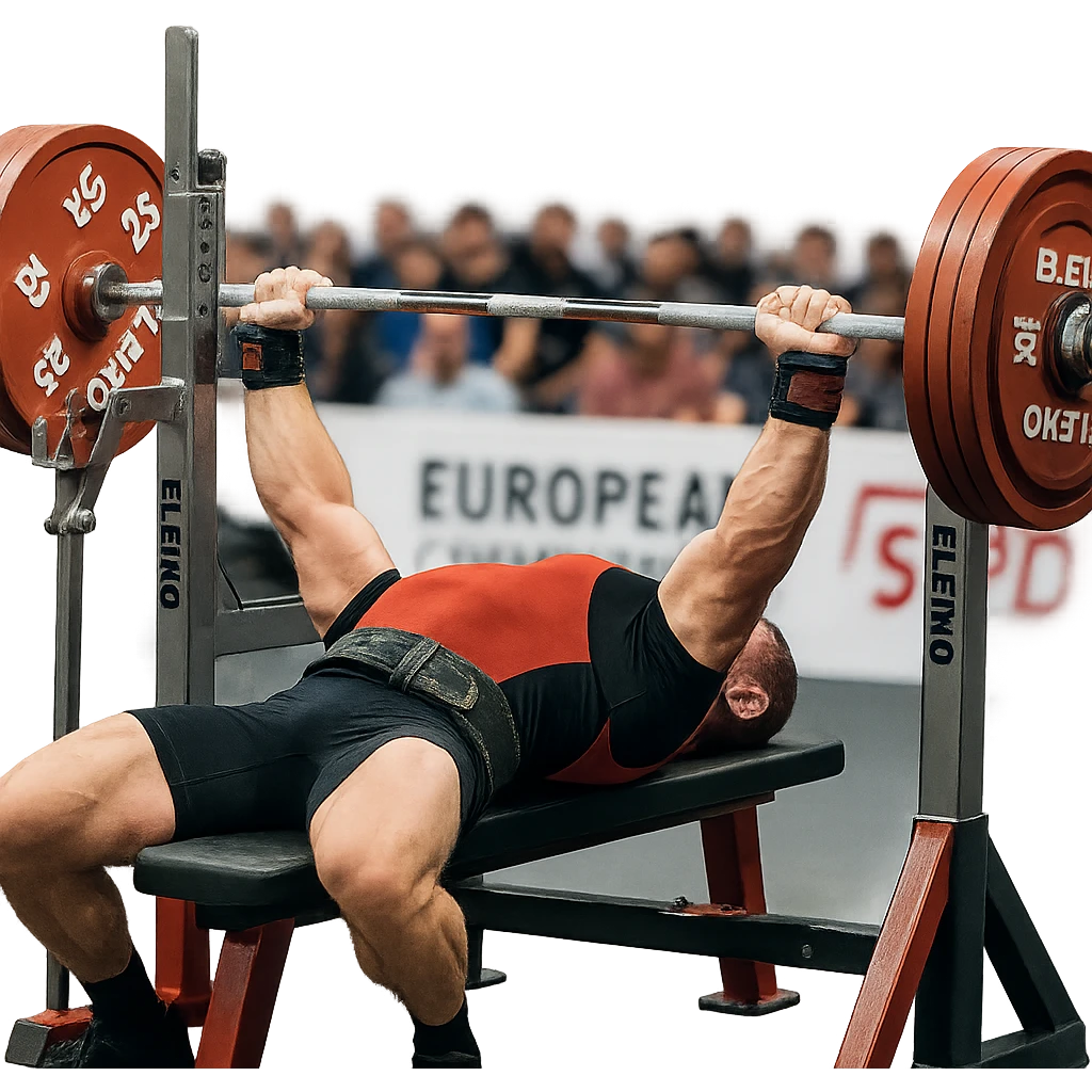 European powerlifter in federation, performing bench press, muscles tense, blurred audience background, competition details, isolated on white background emoji