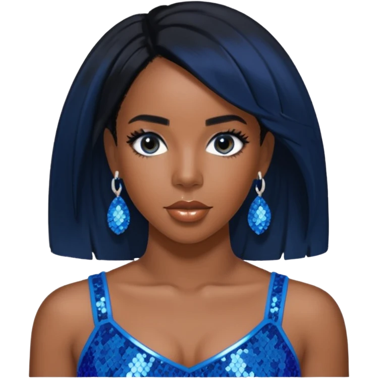 Kelly Rowland with black hair, blue sequin crop top, blue earring emoji