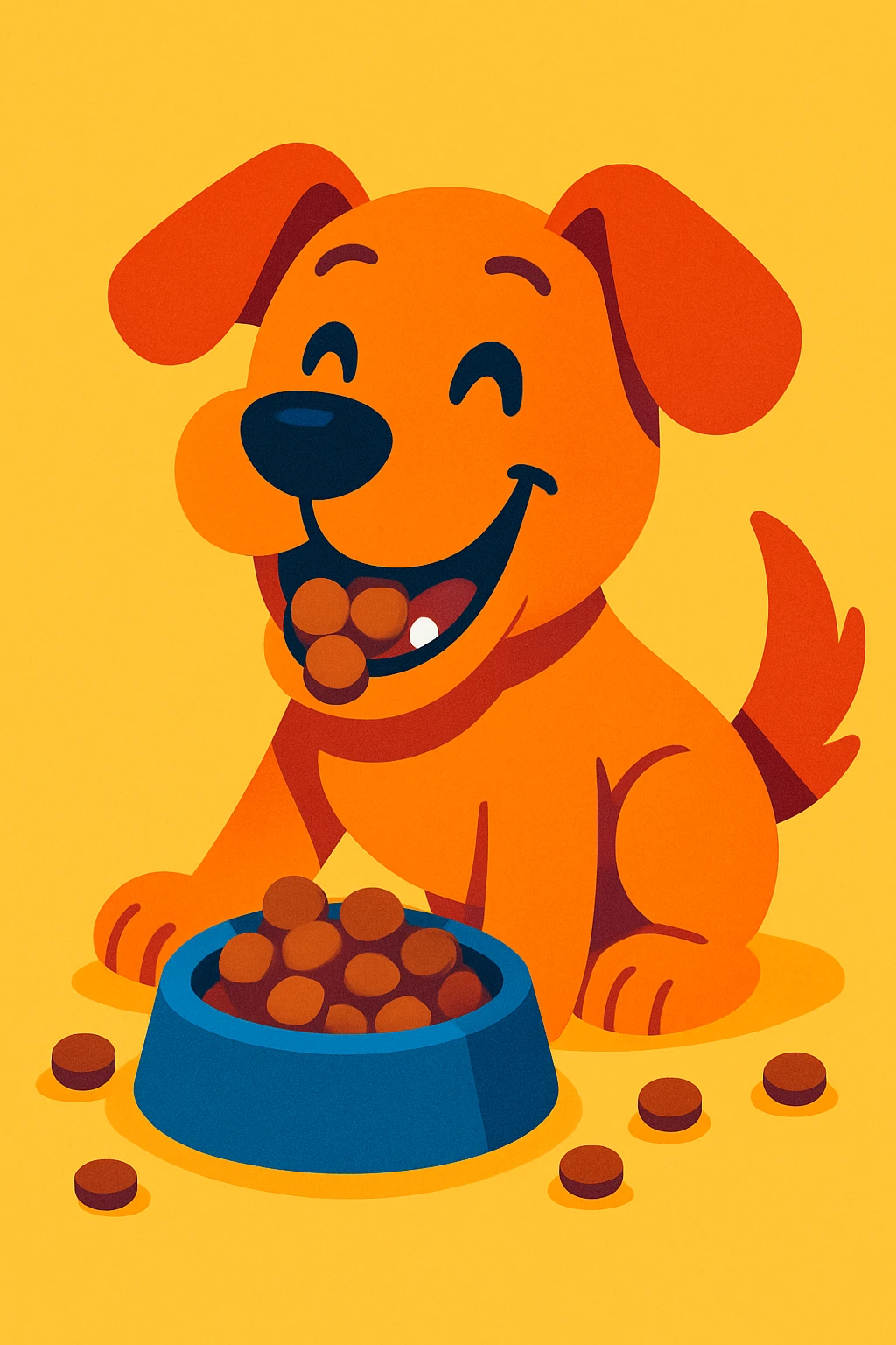 happy dog munching on kibble, vibrant toon style, playful art, joyful and lively emoji