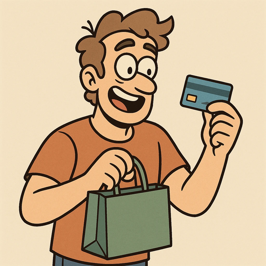 a man with a credit card and a shopping bag, cartoon style emoji