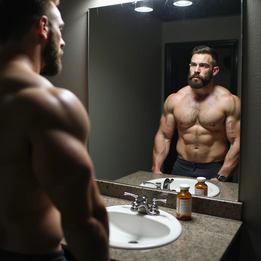 realistic powerlifter athlete in front of mirror, observing his physique and a bottle of anabolic steroids (AAS) on sink, thoughtful expression, isolated on white background emoji