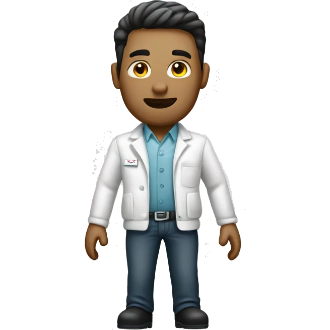 a male pharma employee, full body dressed with white jacket, short. with white bottons, crossed emoji