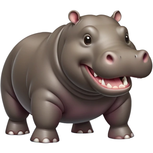 cinematic-hippo-realistic-full-body side view-standing on all fours-emoji,-massive-round-frame,-wide-mouthed-grin-exposing-huge-teeth,-head-tilted-dramatically,-thick-greyish-brown-hide-glossy-from-water,-simplified-yet-realistic-focused-features,-highly-detailed,-glowing-with-an-almost-sarcastic-glow emoji