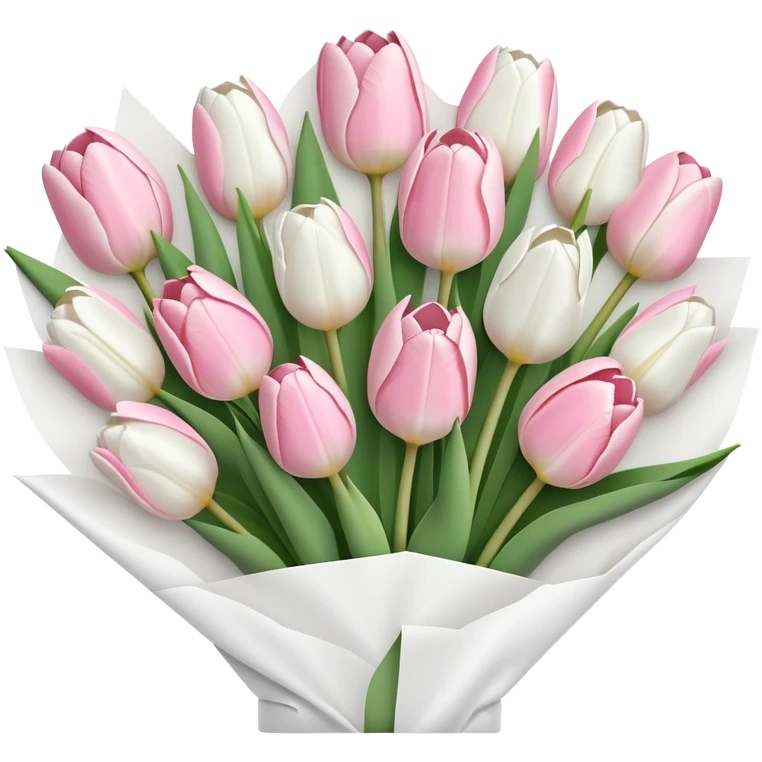 Powder pink and white tulips bouquet in white paper wrap, cute emoji