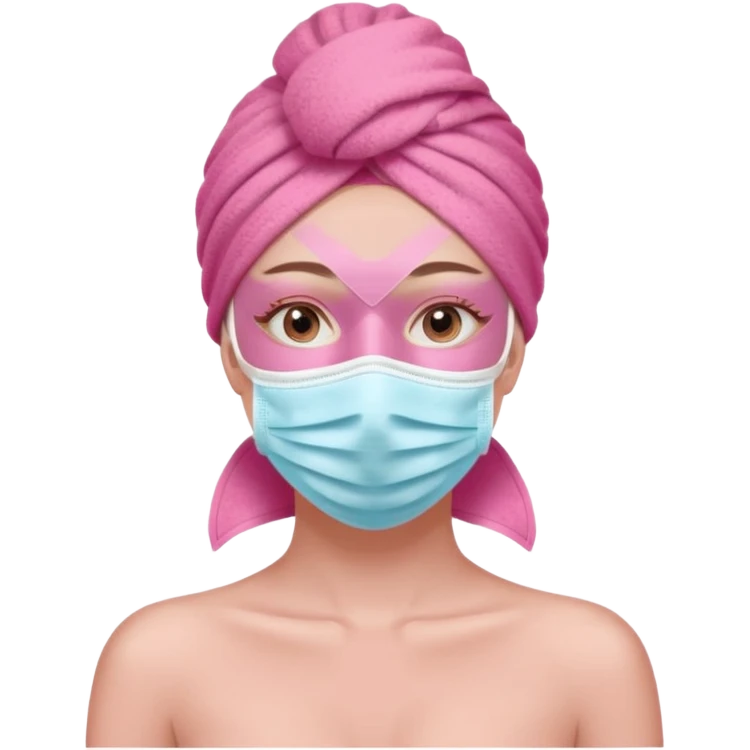 Clean girl influencer character, chest-up portrait, pink head towel, half-face facial mask, minimal self-care look, clean modern illustration emoji