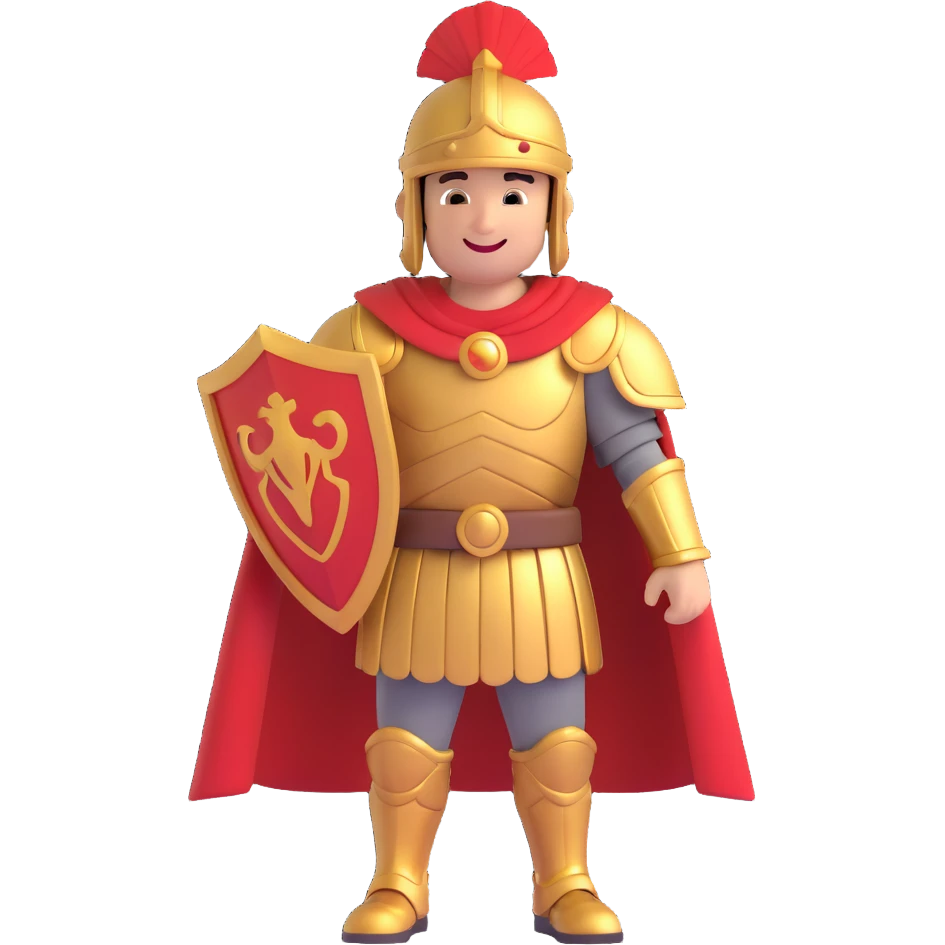 roman empire soldier, cartoon style, gold armor, red cape, helmet with red plume, smiling emoji
