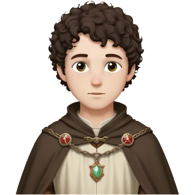 medieval spring outfit worn by a DnD themed fantasy male character. thin wool tunic with a light cloak draped over one shoulder, secured by a wooden brooch. clothes only above the waist. The clothes full waist. The character's haven't arms. character is white-skinned, dark brown hair, hazel eyes, short curly hair. emoji