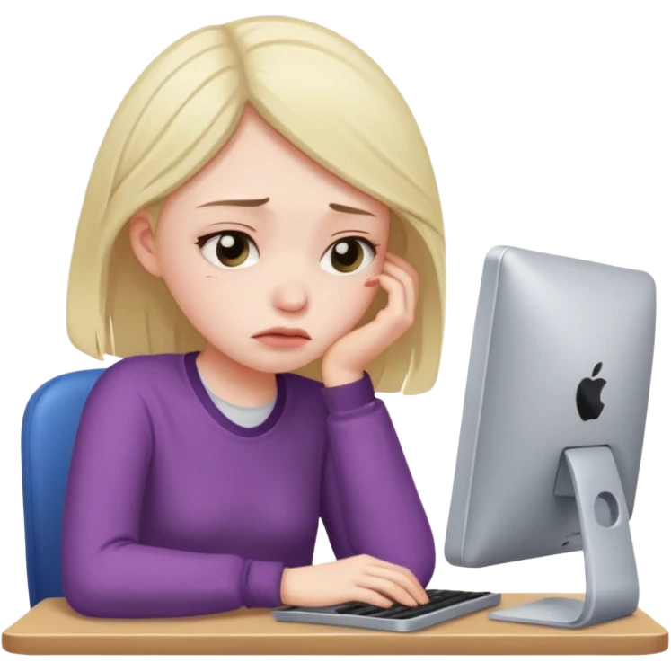 Девушка, которая устала учится и в депрессии, сидя за компьютером  emoji