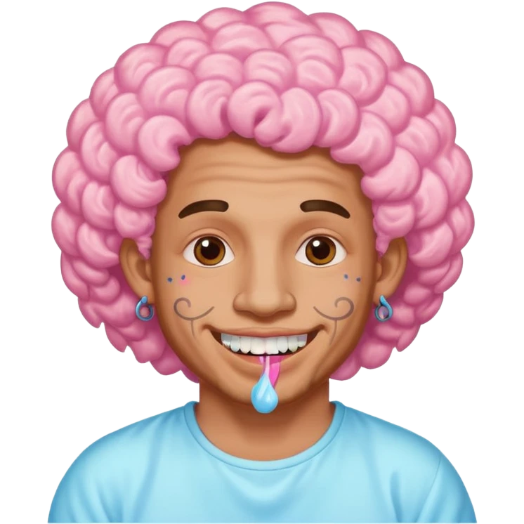 very cheerful colorful puffy curly haired man made out of cotton candy with teeth-braces and tattoos and face tattoos just face  emoji