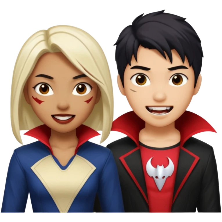 Solo poly platonic relationship, one is south African girl, one is Asian boy, one is biracial features Asian tomboy girl, vampire and marvel cosplay elements inspired. emoji