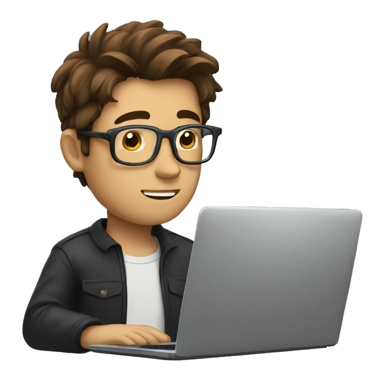 a man with brown hair and glasses at a laptop; he is daydreaming  emoji