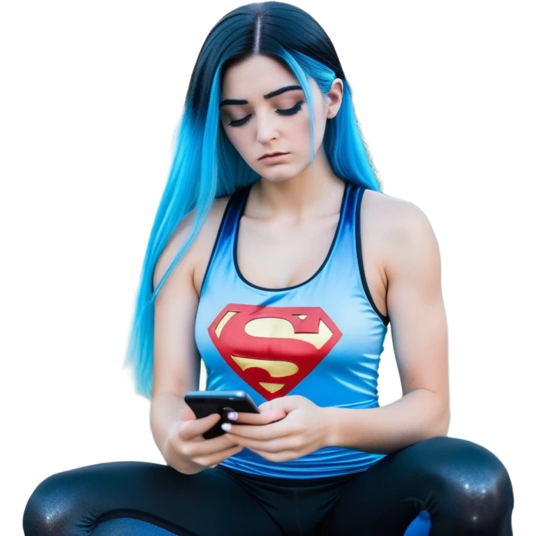 Shameful disappointed crying-very very very very big chest-texting on a samsung cell phone-very long straight flowing black to sky blue hair ombre-blue eyes-black eyeliner-long eyelashes-plastic sparkling sky blue very low cut tank top with sparkling superman logo-black leggings-nike sneakers emoji