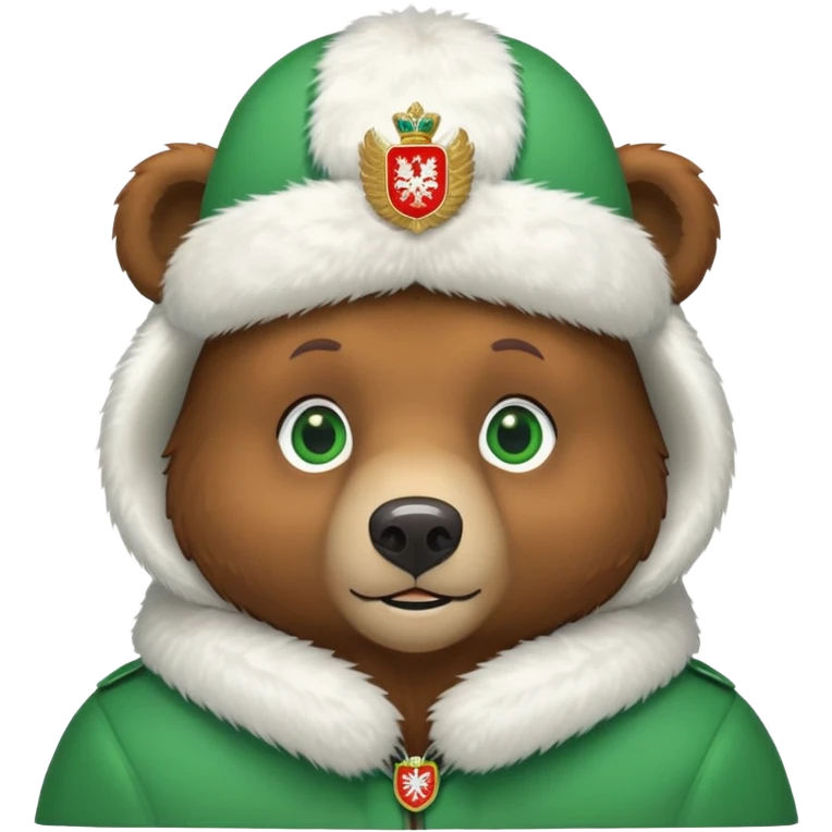 Cute brown bear head with green eyes, wearing white fur ushanka hat with prominent Russian Federation coat of arms on front, iOS emoji style emoji